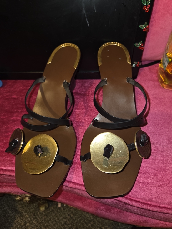 Tory Burch Shoes - Women’s Black and Gold Decorative Slide Sandals